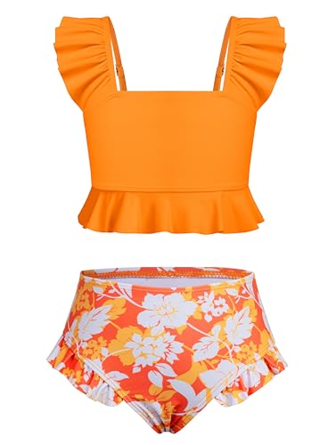 XiaoMoSha Swimming Costume Girls Bikini Set Two Piece Swimsuit with Adjustable Straps Bathing Suit Swimwear for Girls, 11-12 Years, Orange Flower