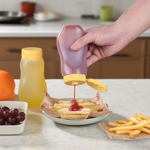 SHILIPAIJC 6 butelek do wyciskania z nakrętką, z tworzywa sztucznego, 300 ml, z etykietą, na sosy, olej, ketchup, dozownik do przypraw, musztardy, maja, oliwy z oliwek (żółty)