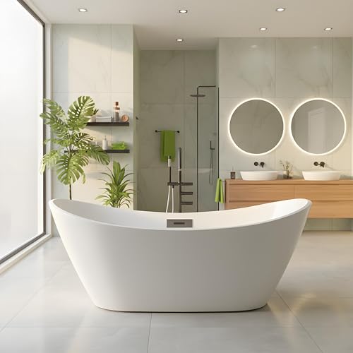 59 Inch Freestanding Bathtubs, White Acrylic Free Standing Bathtub, Modern Soaking Tub with Integrated Overflow & Chrome Drain for Bathroom Remodel by GarveeLife - Image 2
