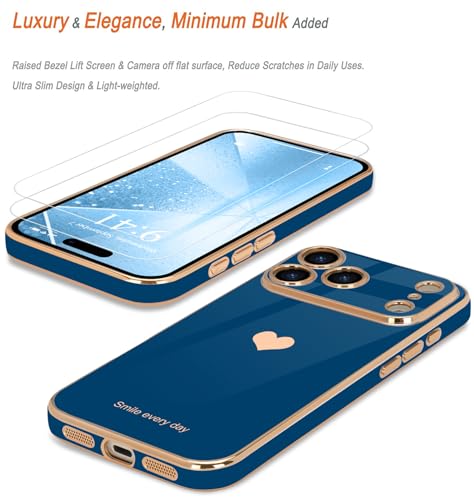 Teageo for iPhone 17 Pro Case with Screen Protector [2 Pack] Girl Women Cute Love-Heart Luxury Gold Soft Cover Camera Protection Silicone Shockproof Phone Case for iPhone 17 Pro, Royal Blue by Teageo - Image 3