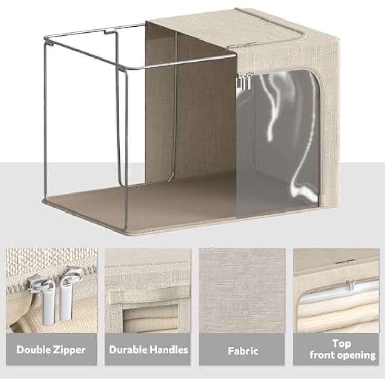 4 Pack Clothes Storage Bins with Metal Frame - Linen Fabric Foldable Stackable Container Organizer Set with Clear Window & Carry Handles & Zippers (Beige, 23.6x16.5x15.7)