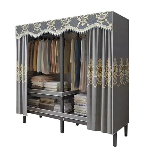 Rieort Portable Wardrobe All Steel Frame Clothes Closet with Cloth Cover Wardrobe Closet 125cm/ 150cm for Bedroom Hanging Closet
