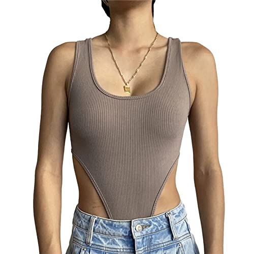 Damen Tanktop Body U Ausschnitt Sexy Langarm Jumpsuit Bodysuit Stringbody...