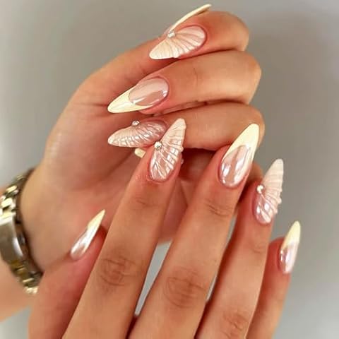 Yellow French Tips Press on Nails 3D Curve Line False Nails 3D Shells Design Gel Glue on Medium Almond Nails Glossy Chrome Metal Acrylic Fake Nails Rhinestones Stick on Nails for Coquette Women 24 Pcs Cover