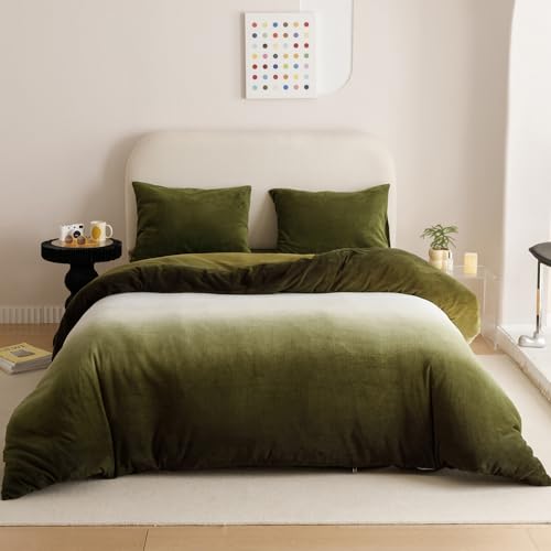 KAREVER Green & White Velvet Gradient Comforter Set - Queen Size, Olive & Army Green Gradient, Soft Quilt, Flannel, Warm Bed Comforter