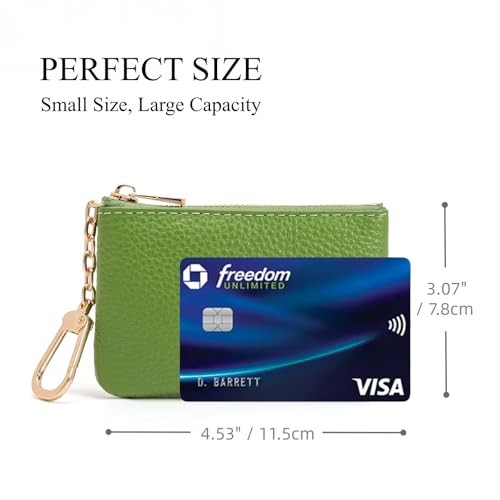 Image of Full Grain Leather Coin Purse with Key Chain - Small Change Purse Keychain Card Holder Keychain Pouch Small Keychain Wallet for Women and Men (Grass Green)