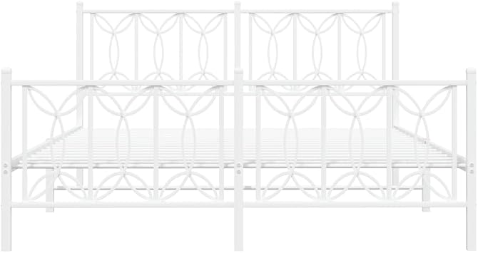 Classic White Metal Bed Frame 150x200cm with Headboard and Footboard, Steel Slats and Center Legs for Mattress Support, Extra Under-Bed Storage Space
