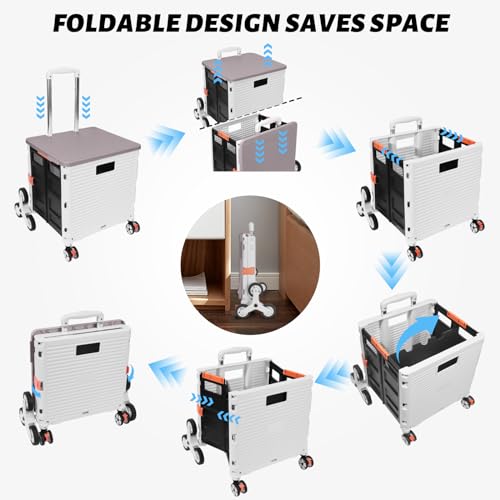 FELICON SELORSS Folding Utility Cart Portable Rolling Crate Handcart with Stair Climbing Wheels&360°Swivel Wheels Telescoping Handle Plastic Box Dolly for Travel Shop Move Office Teacher Use(White) by FELICON - Image 4