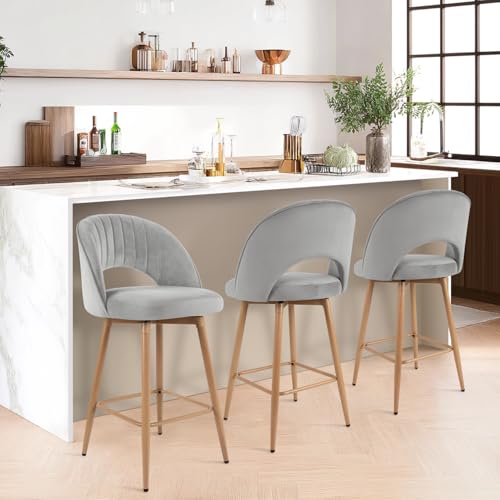 KRAMZMING 3-Piece Velvet Swivel Bar Stools, Gray, 26