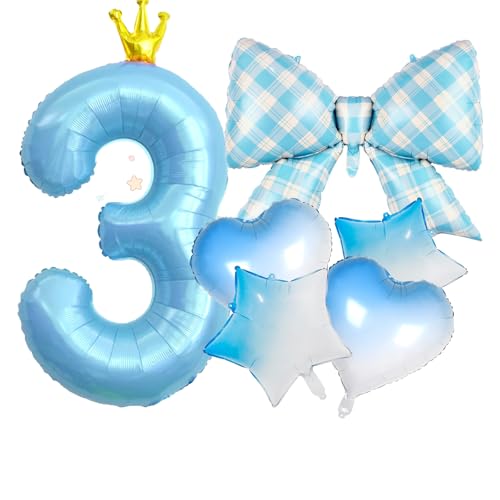 Blue Crown Number 3 Balloon Set, 40-Inch Birthday Decorations with Bow, Star and Heart Balloons (blue, number-3)