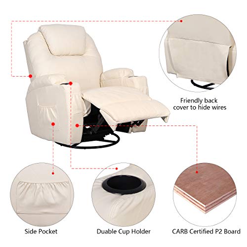 Esright Massage Recliner Chair Heated Composite Material Ergonomic Lounge 360 Degree Swivel (Cream) #TOP5