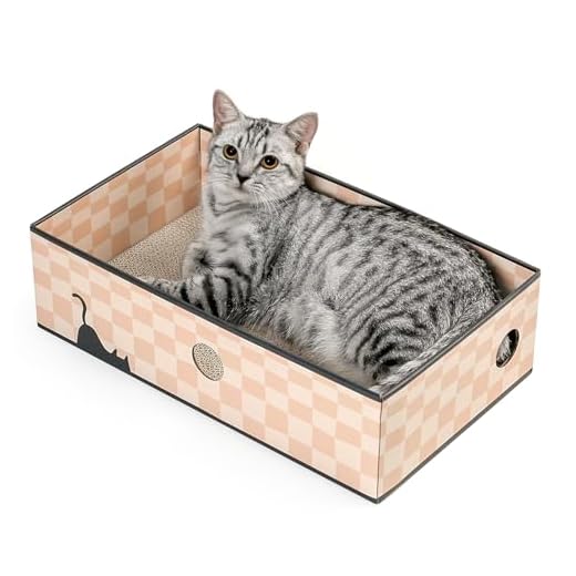 Conlun Katzen Kratzbrett mit Box, Großes Kratzmöbel, Beidseitige Kratzpappe für Katzen, Interaktive Öffnungen, Kratzbett für Wohnungskatzen, mit Katzenminze (1 Stück, Groß, Kariert)
