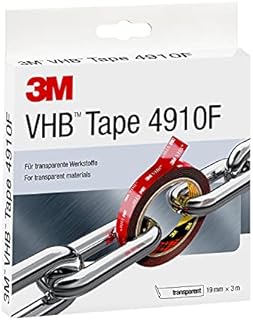 3M VHB 4910F Double Sided Adhesive Tape - Clear construction allowing joining of transparent material and virtually invisible bondline - 19mm x 3m, Thickness 1.0mm, Clear (1 Roll)