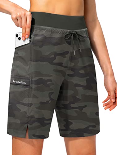 Women's Hiking Long Shorts 9" Quick Dry Cargo Bermuda Shorts Lightweight Knee Length With Zipper Pockets For Women(Green Camo,Xl) #TOP19