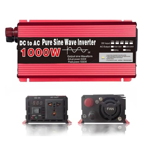 BAOJUHUIKANG 12v to 110v,Inversor de Corriente de Onda sinusoidal Pura para Coche 1000W 12V 24V 48V 60V a 220V 110V, con 1 Enchufe AC, inversor de Baja frecuencia para energía Solar, para camión