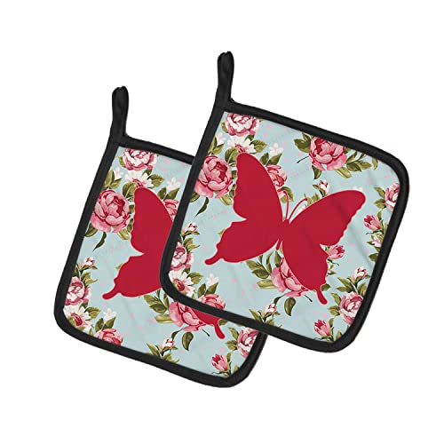 Caroline's Treasures BB1046-RS-BU-PTHD Butterfly Shabby Chic Blue Roses BB1046 Pair of Pot Holders, Blue Kitchen Heat Resistant Pot Holders Sets Oven Hot Pads for Cooking Baking BBQ, 7 1/2 x 7 1/2