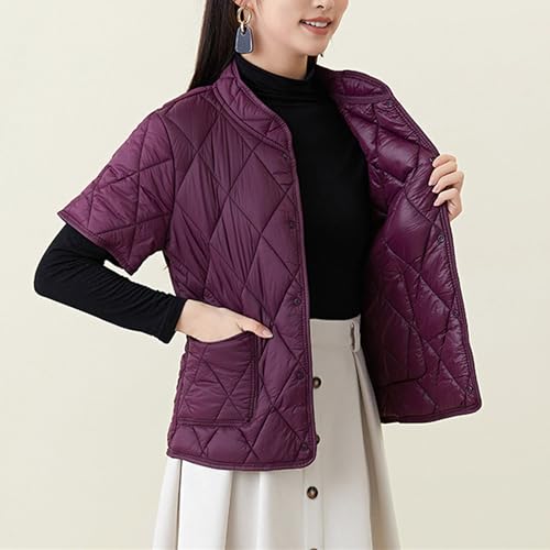 Women's Fleece Lined Puffer Jacket Short Sleeve Snap Button Down Coats with Pocket Warm Diamond Quilted Jacket4