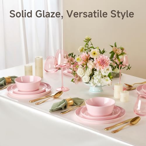 Image of KINGSTONE 24-Piece Bone China Dinnerware Sets, Blush Pink | Lightweight Plates & Bowls Set | Straight Rim Bowl Dinner Set | Scratch Resistant | Microwave & Dishwasher Safe | Serves 8