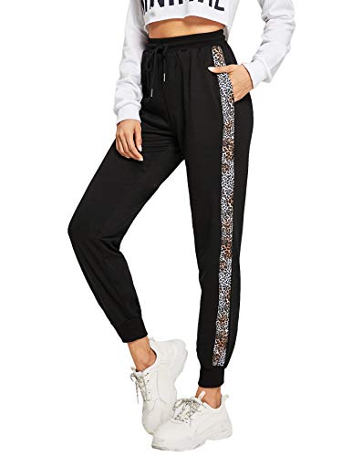 SweatyRocks Women s Drawstring Waist Athletic Sweatpants Jogger Pants with Pocket Leopard Side Black Small
