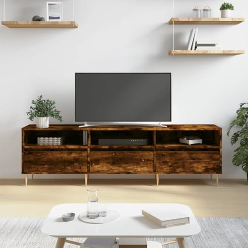 Cartvyn Mueble para TV (madera de roble ahumado, 150 x 30 x 44,5 cm, 6 compartimentos y patas de hierro), para salón, moderno aparador de TV con espacio de almacenamiento y diseño práctico