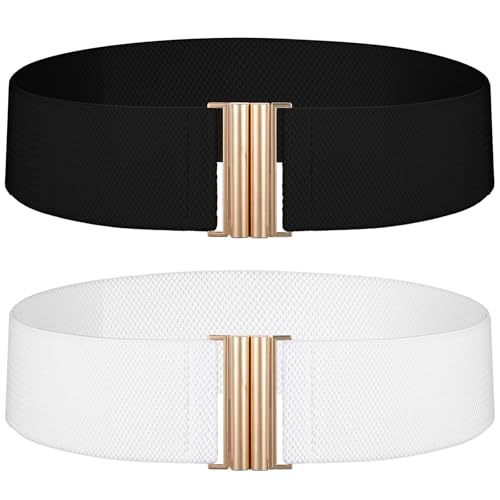 2 PCS Vintage Stretchy Waistband Wide Elastic Belts for Women Black White Stretch Waist Belt Adjustable Dress Waistband Stretchy Belt with Golden Buckle for Women Dresses