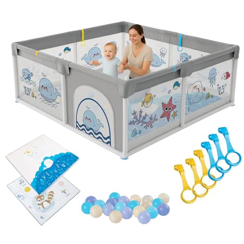 Parque Infantil Bebe 120x120cm + Alfombra Bebe + 60 Bolas + Agarraderas + Bolsas de Transporte – Corralito Bebe con Malla Transpirable – Parque de Juegos Bebe – Playpen Bebe