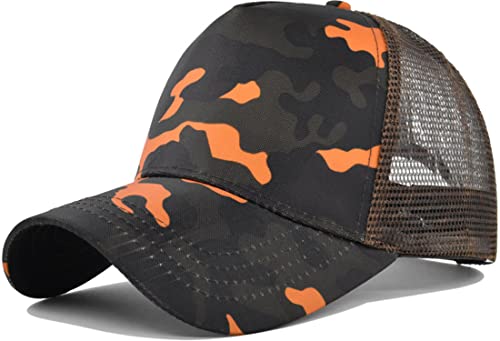 Yixda Snapback Unisex Trucker Cap Herren Damen Verstellbar Mesh Baseballmütze Sport Kappe (Camo Orange)