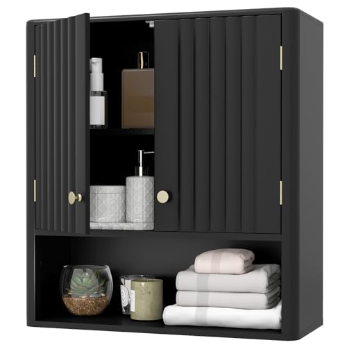 Multigot Bathroom Wall Cabinet, Wooden Wall Mounted Storage Cupboard with 2 Fluted Doors and Adjustable Shelf, Toilet Storage Furniture for Living Room Kitchen Laundry (Black)