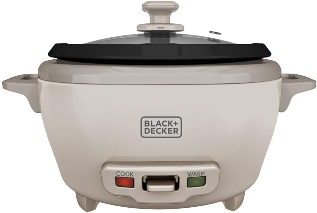 BLACK+DECKER 6-Cup Cooked (3 Cups Uncooked) Rice Cooker, Steaming Basket, Removable Nonstick Bowl, One-Touch Operation, Baked Stone