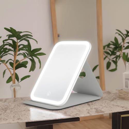 Image of Coslifestore LED Lighted Makeup Mirror with 3 Color Modes, Foldable & Rechargeable Battery Portable Vanity Rectangular Mirror with Stand for Travel & Home