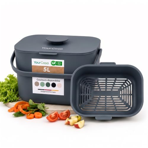 YourCasa – Bac à compost pour déchets alimentaires de cuisine - poignée ergonomique - petit bac à compost de comptoir avec couvercle - 5 L - Passe au lave-vaisselle - Crible intérieur anti-odeurs pour