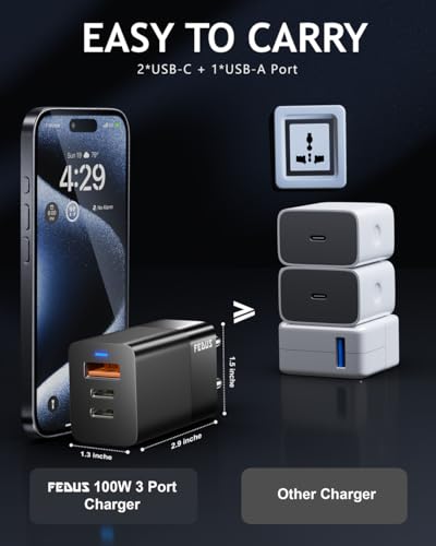 Image of FEDUS 100w gan Charger, 100w Fast Charger Gan Adapter 1 Type C & 1 USB Port Fast Charging Adapter Wall Charger for Samsung, iPhone, Tab /Pad MacBook, Dell, HP, ASUS, 100 W, Devices, 2 Yr Warranty