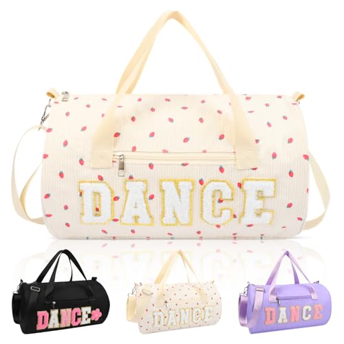 Dance Bag for Girls, KUIRAN 23L Waterproof Travel Duffel Bag with Colorful Chenille Letter, Lightweight Small Gym Sport Ballet Weekender Bag with Large Main Compartment - White/Gold