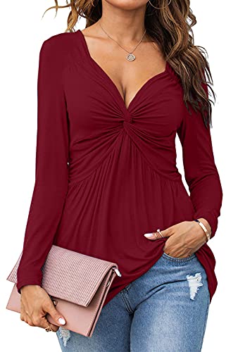 Tankaneo Womens V-Neck Front Knotted Blouse Shirt Long Sleeve Elegant Casual T-Shirt Solid Color Pullover Tops