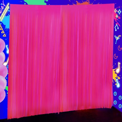 2 Pack Neon Pink Tinsel Foil Fringe Curtains, 3.3 x 6.6 ft