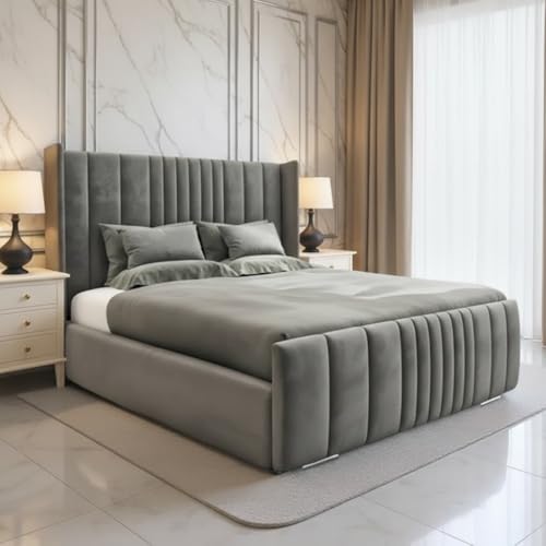 MANHATTAN WINGBACK PLUSH VELVET OTTOMAN BED WITH GAS LIFT STORAGE OPTION WITH MATTRESS (Grey Plush, 6ft Super King Bedframe + Gas Lift)