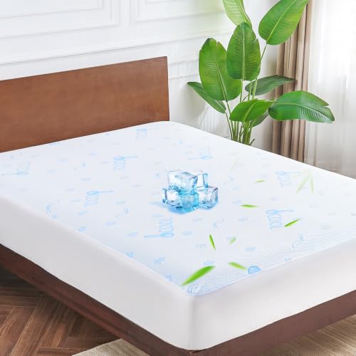 Cooling Double Size Mattress Protector - 100% Waterproof & Breathable Cool 3D Air Fabric Bed Mattress Cover, Ultra Soft Noiseless Mattress Pad for 8"-21" Deep Pocket, Machine Washable (White)