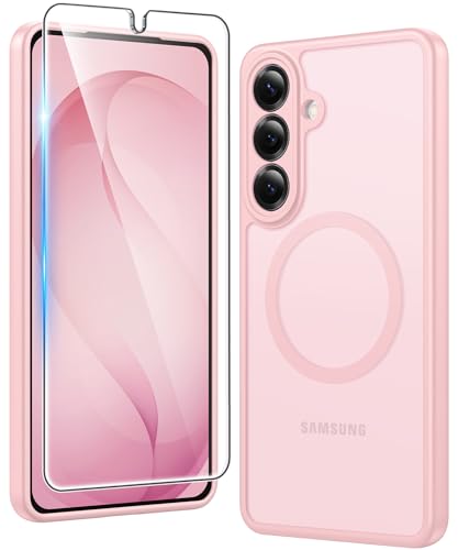 Image of FNTCASE for Samsung Galaxy S26 Case: Magnetic Matte Phone Cases with Screen Protector Drop Proof Compatible with Magsafe Slim Rugged Shockproof Protective Translucent Cell Cover (C-Frosted Pink)