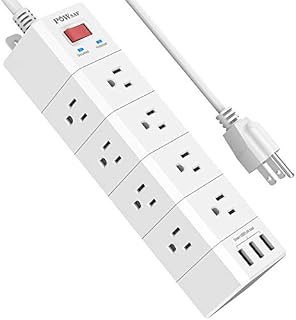 Surge Protector, POWSAF Power Strip with 12-Outlet(3-Sided) and 3 USB Ports(5V/3.4A, 17W), 6-Ft(1875W/15A)