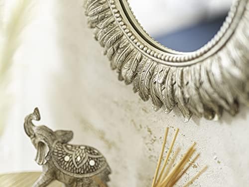 Marco Paul Round 40cm Wall Mirror Feathered Gold Mirror Bathroom Mirror or Lounge Bedroom Golden Vanity Mirror Wall Mounted Round Mirror Feather Decorative Wall Art Antique Style Finish Rustic Modern