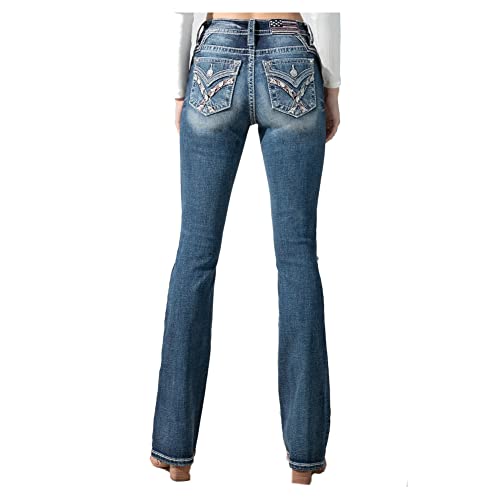 Miss Me Women's Medium Wash Mid Rise Embroidered Paisley Distressed Bootcut Dark Blue 33W X 34L #TOP22