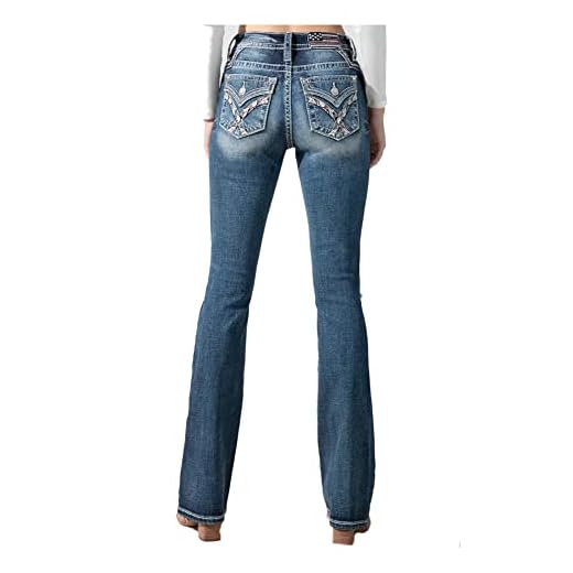 Miss Me Women's Mid-Rise Bandana Brushed Across Boot Cut Jeans with Faux Flap Pockets (Dark Blue, 29W X 32L)
