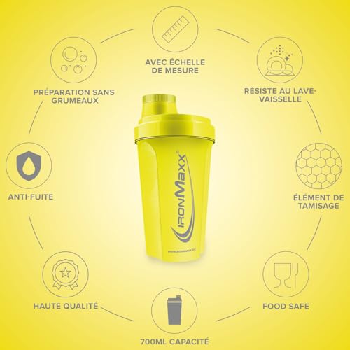 IronMaxx Shaker Protéine Jaune Killer 700 ml – Anti-fuite avec passoire et graduation précise sans BPA accessoire pratique pour la préparation de shakes whey protein isolate et bulk au quotidien – Image 5