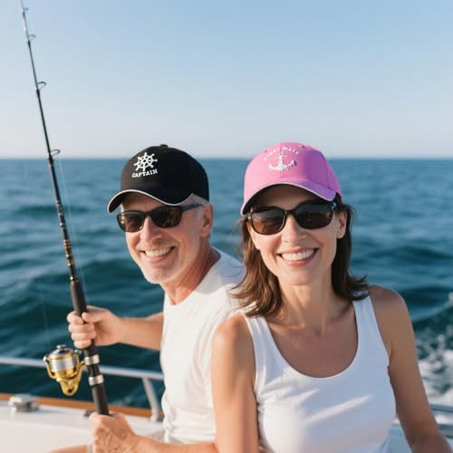 Image of Captain and First Mate Hat Set, Adjustable Matching Cotton Nautical Marine Sailor Baseball Caps, Boat Owner Gift