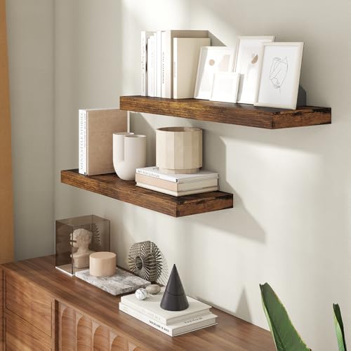 Image of 30 Inch Floating Shelves for Wall, 8 Inch Deep Floating Shelf for Storage & Display, Wall Mounted Shelf with Invisible Brackets for Living Room, Kitchen, Bathroom, Home Decor, Set of 2, Rustic Brown