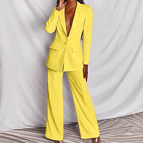 Wodceeke Suits For Women Office Professional Long Sleeve Blazer Jacket And Floor-Length Wide Leg Pants Casual Business Sets Yellow #TOP1