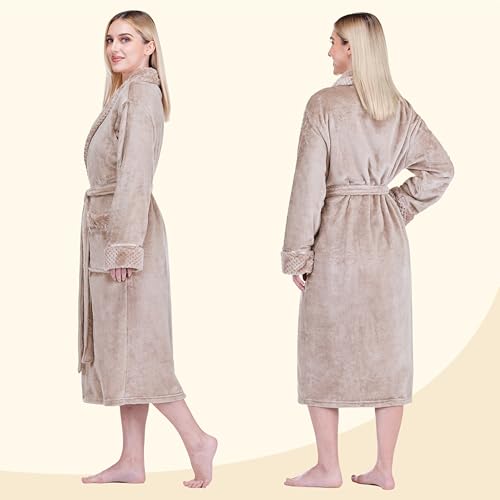 Image of PAVILIA Women's Plush Fleece Robe, Soft Cozy Long Bathrobe with Satin Waffle Trim, Warm Lightweight, Pockets & Tie Belt