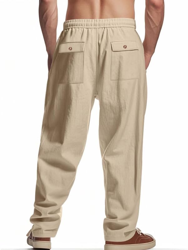 Mens Linen Blend Pants Casual Loose Fit Drawstring Elastic Waist Lightweight Summer Trousers with Pockets
