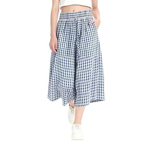 Rapbin Wide Leg Capri Pants for Women Gingham Striped Culottes Flowy Elastic Waist Cropped Palazzo Pants with Pockets Navy Blue White Plaid Large