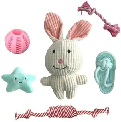 6-Piece Bunny Puppy Starter Toy Pack - Squeaky Plush & Durable Rope Set